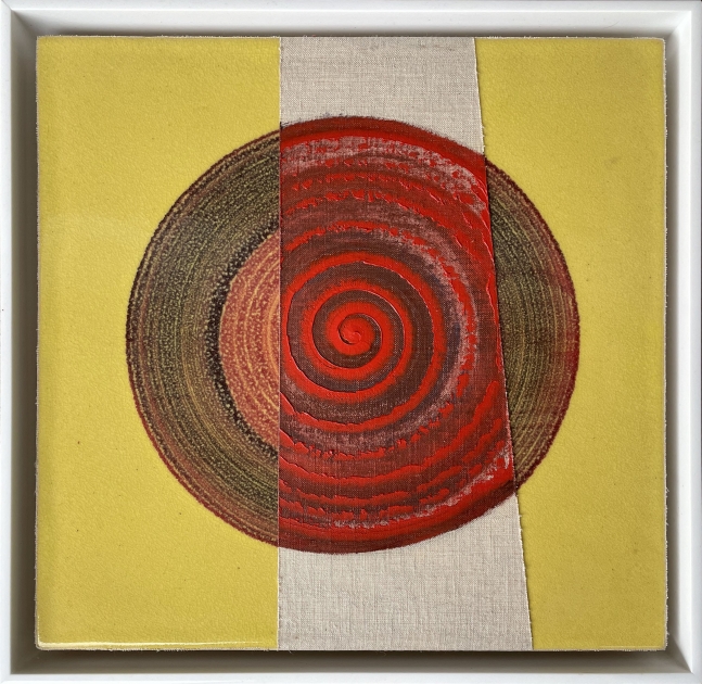 Frank.Olt.Untitled.Encaustic.on.Canvas.with.Ceramic.red.circle.on.yellow
