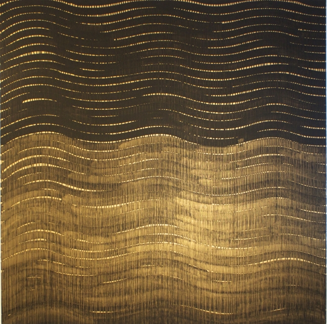 Sabine Friesicke, BGW 1, (black and gold waves), 2015  Acrylic on linen, 64h x 64w x 2d in ALT